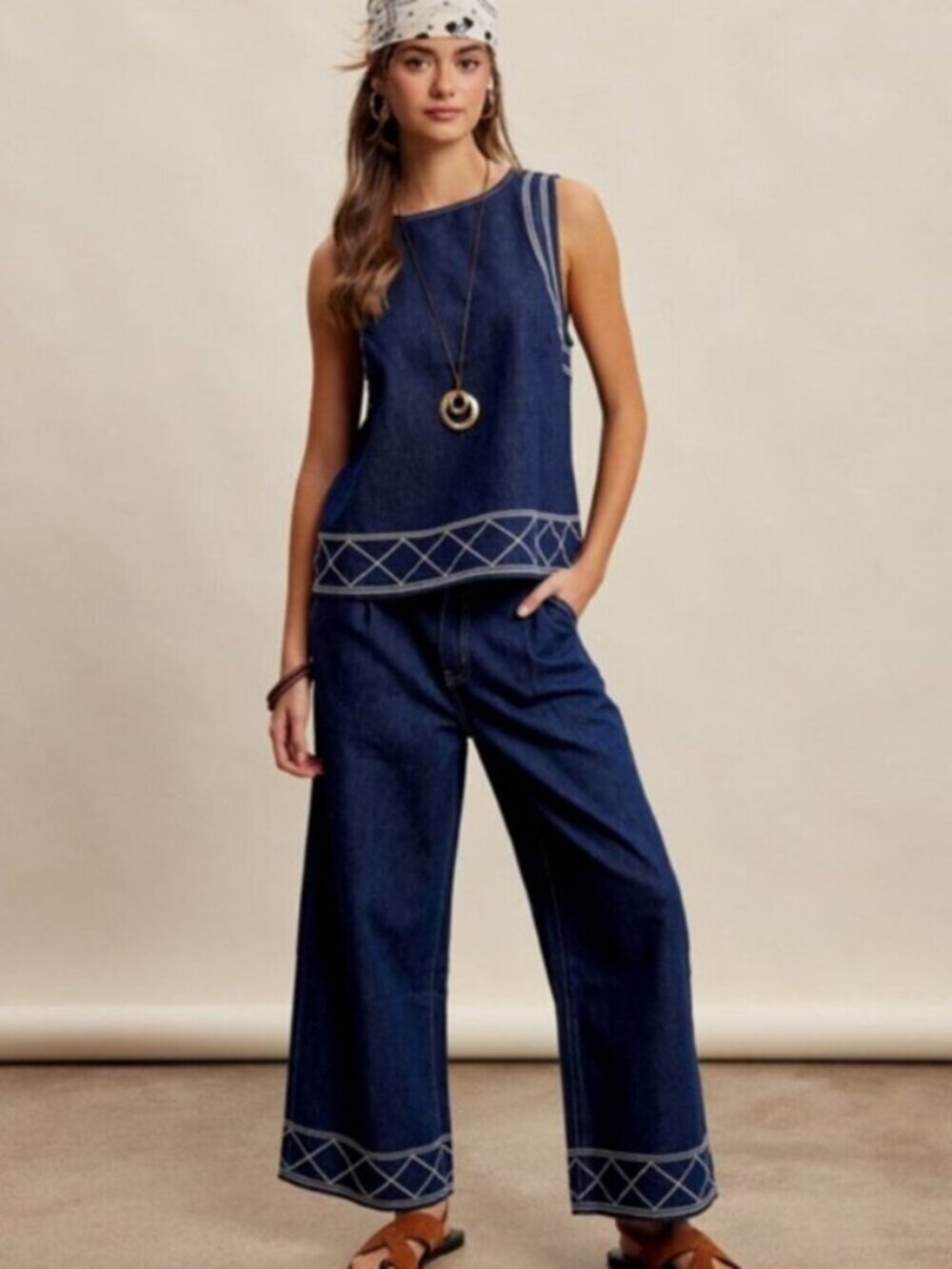 LISTICLE Embroidered Denim Tank & Wide Leg Pants Set Indigo NWT